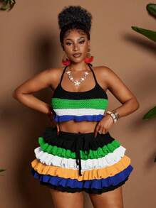 Maweii 大码女式纯色丝带镂空海滩度假性感两件套海滩女士服装夏季女士服装波西米亚风 - 彩色 - 查看 3