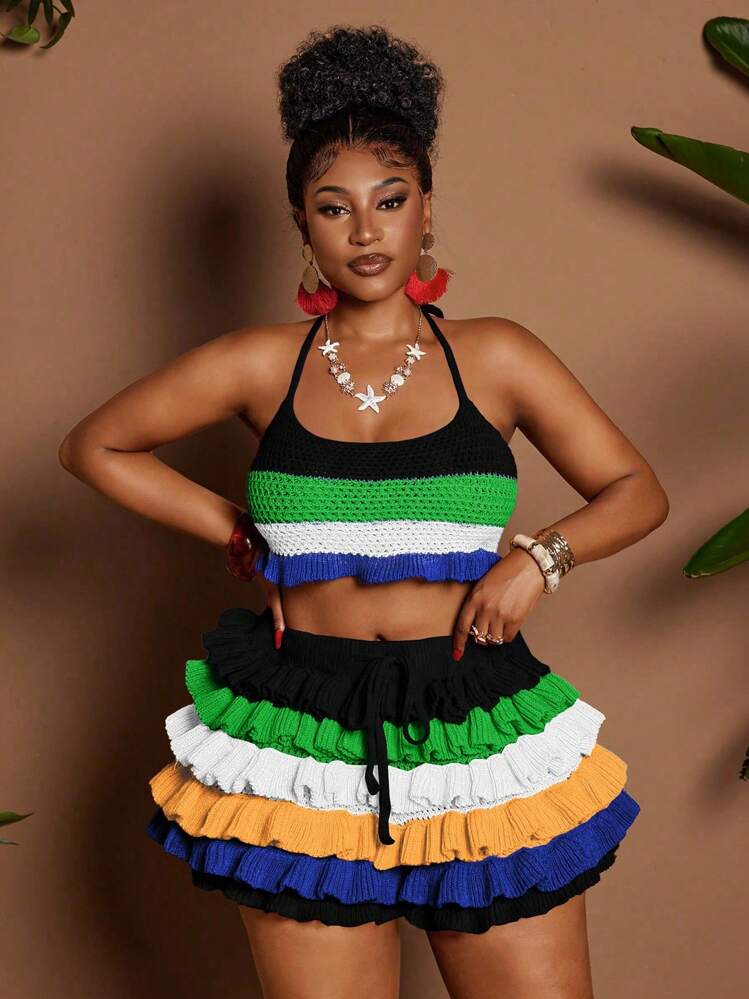 Maweii 大码女式纯色丝带镂空海滩度假性感两件套海滩女士服装夏季女士服装波西米亚风 - 彩色 - 查看 3