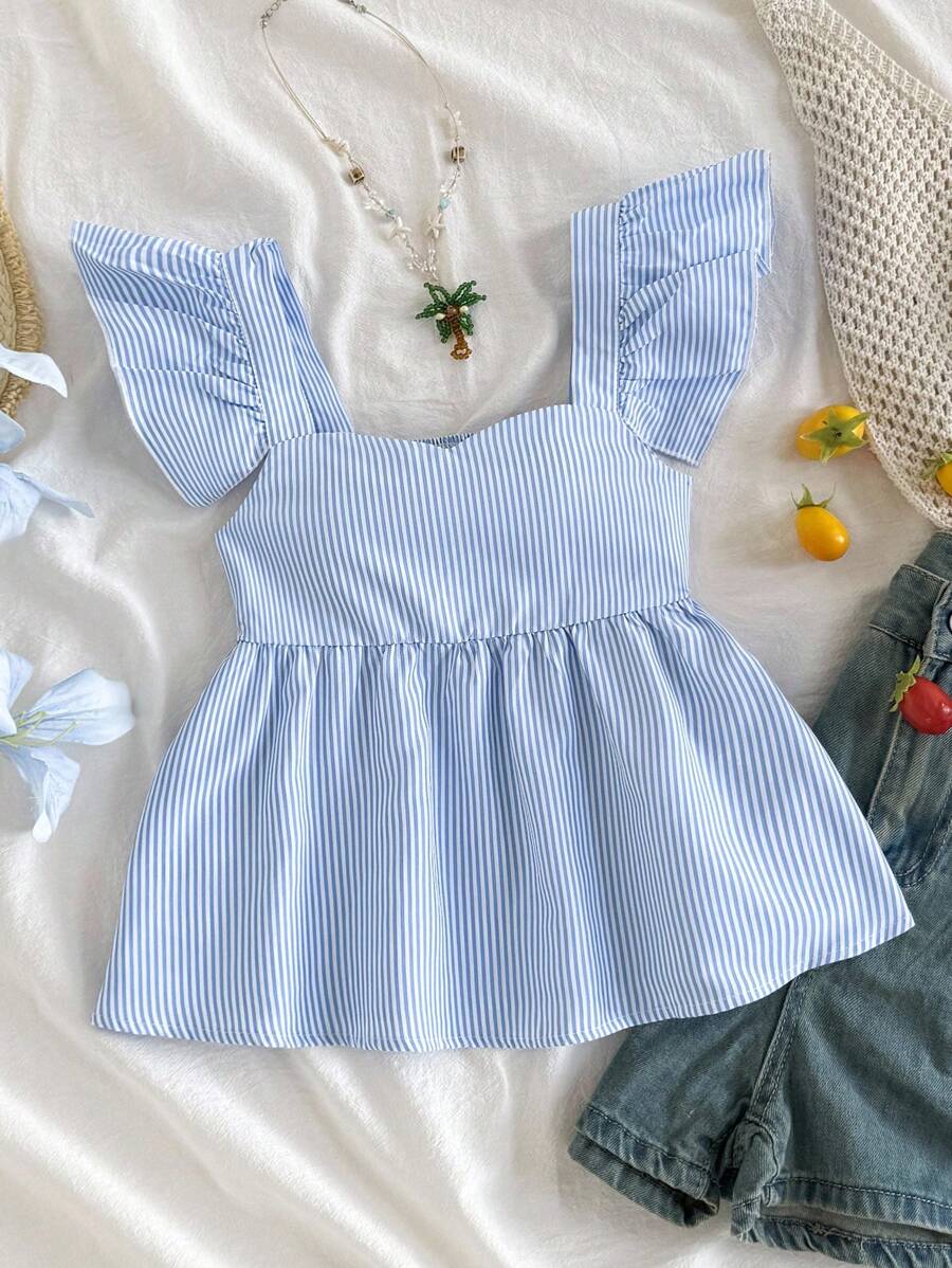 SHEIN 青少年女孩休闲简约舒适方领荷叶边条纹衬衫 - 藍色 - 查看 1