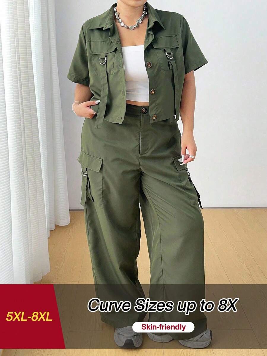 SHEIN CURVE+ 大码夏季休闲纯色前扣短袖上衣和工装裤两件套 - 軍綠色 - 查看 1