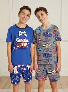 SHEIN 4 Pcs Tween Boy Casual Comfortable Letter Video Game, Colorful Car Print Short Sleeve T-Shirt And Shorts Set, Loungewear Snug Fit Tween Boy Pajama Shorts Sets Back To School Fashion - Multicolor - View 1