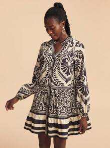 Travachic 女士休闲短款植物印花V领长袖单排扣迷你连衣裙 - 卡其色 - 查看 4