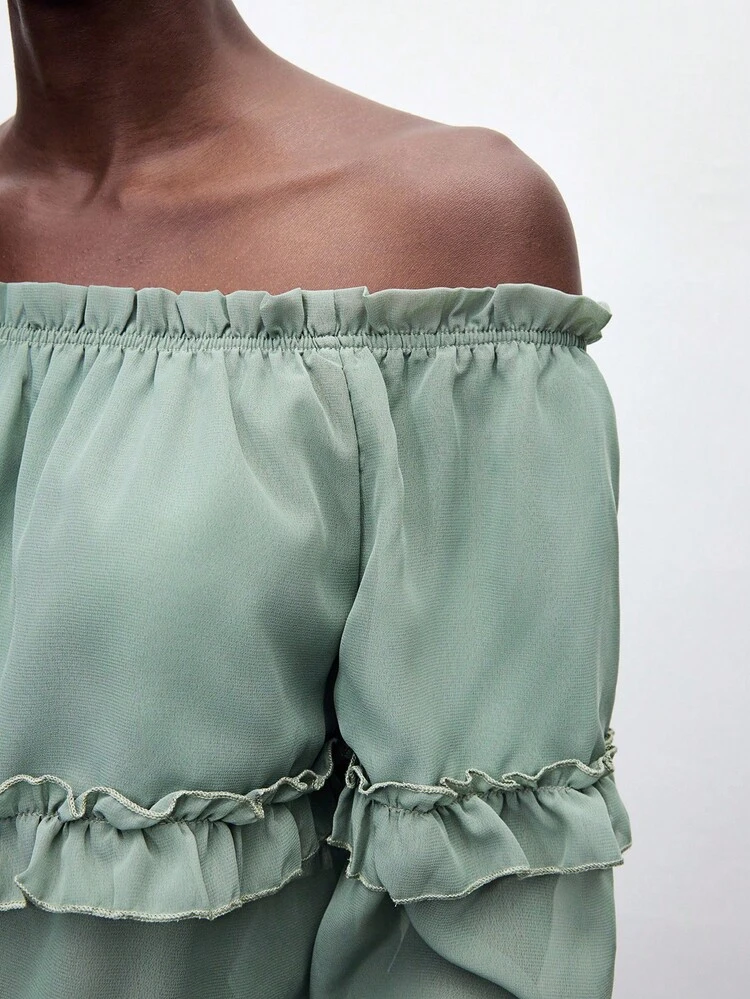 SHEIN Maija Mint Green Bohemian Vacation Style Ruched Off-Shoulder Neckline Drawstring Ruffle Sleeve Women's Top And Ruffle Design Women's Mini Skirt, Casual Loose Fitting 2 Pieces Set Suitable For Autumn , Chiffon Lightweight Comfortable And Elegant,Halloween