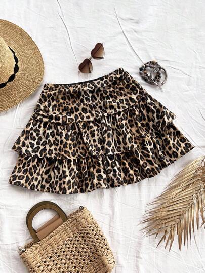 Soleia Falda mini casual con volantes y estampado de leopardo, multicapa, pliegues de mujer con estilo vintage. Ideal para otoño, disfraces de leopardo, Halloween, Acción de Gracias, Homecoming, Navidad, ropa de hippie, disfraz de princesa, baile de disfraces, disfraz de Catwoman, fiesta sexy.