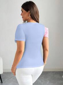 Elenzga Plus Size Faux Bow Decoration Contrast Color Elegant Short Sleeve T-Shirt - Mauve Purple - View 2