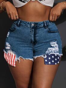 Slaydiva Plus Size Women 4th Of July Sexy Stretch Denim Super Short Shorts, Blue Women Summer Clothing Women S Clothes Woman S Summer Clothes Women S Bottoms Women Jeans Plus Size