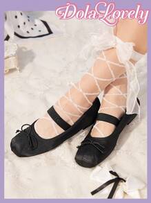 Dola Lovely 1 双女士粉色蝴蝶结水钻平底玛丽珍鞋，百搭，适合外出、散步，穿着舒适 - 黑色 - 查看 1