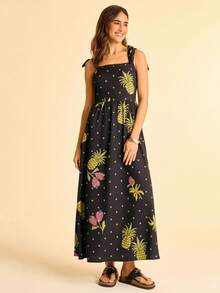 CAJUNI 女式菠萝印花休闲无袖连衣裙，夏季 - 黑色 - 查看 3
