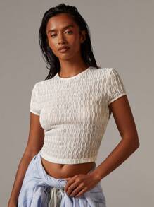 Athîral 女式夏季纯色圆领短袖短款修身T恤 - 白色 - 查看 4