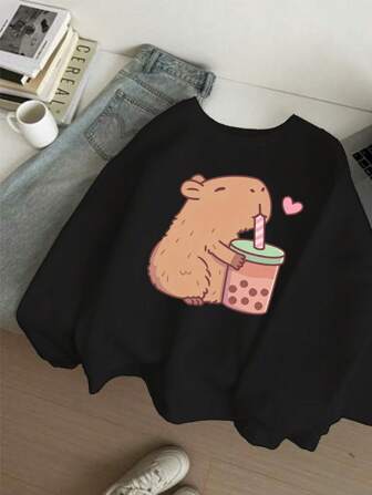 GraphicGems Sudadera básica de cuello redondo con estampado de diseño de Capibara lindos de dibujos animados de moda casual para niñas