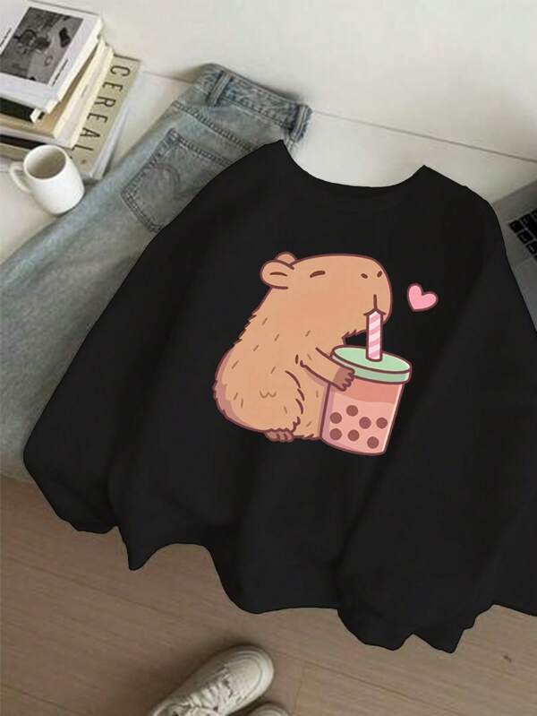 GraphicGems Girls Casual Fashionable Creative Cartoon Cute Capybara Design Print Basic Round Neck Sweatshirt Cute Sweatshirts Sweatshirts For Teens Girls Sweat Shirts For Girls Sweatshirts For Girls Cute Tops For Girls Capybara Shirt Capybara Sweatshirt Cute Hoodies Teenager Teen Girl Sweatshirts