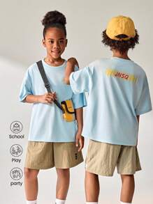 Back To School Outdoor Casual Sports Short Sleeve T-Shirt, Children Round Neck Patchwork Contrast Color Funny Letter Graphic Print Outdoor Casual Sports Tee - Baby Blue - View 1