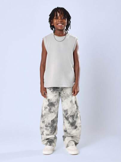 SUMWON Youth Boys Sleeveless Tank Top Matching Tie Dye Pant Set Casual Street Style Summer Leisure Cotton Blend Co-Ord Set