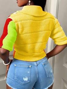 BamGleam Women's Yellow Summer Contrast Color Striped Knit Cardigan,V-Neck Asymmetrical Hem Button Down Short Sleeve Sweater Jacket,Street Wear Y2k Night Out - Multicolor - View 2