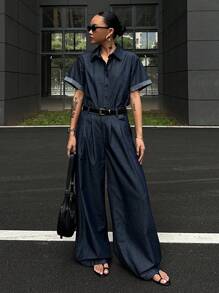 DAZY Bộ 2 quần ống rộng ống rộng cổ bẻ denim thường ngày cho nữ, trang phục mùa hè - Rửa tối - Xem 1