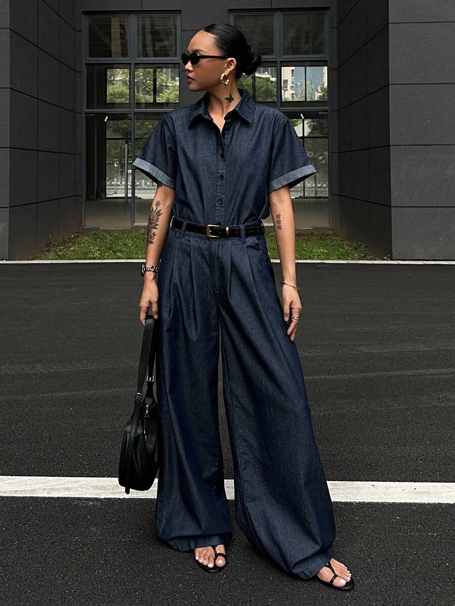 DAZY Bộ 2 quần ống rộng ống rộng cổ bẻ denim thường ngày cho nữ, trang phục mùa hè - Rửa tối - Xem 1