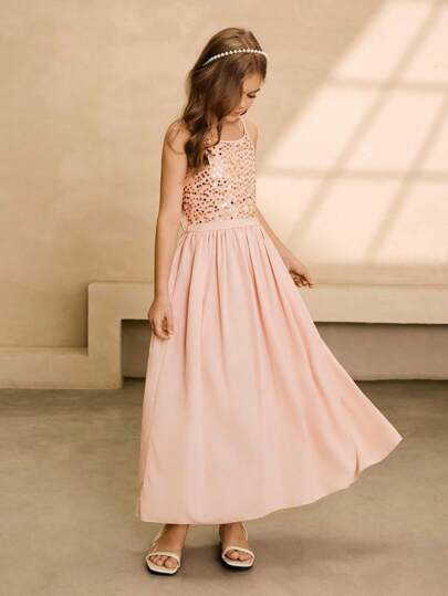 少女亮片装饰细肩带长裙，适合钢琴演奏、生日派对、宴会正式礼服