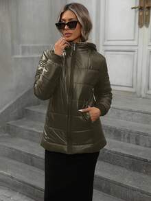 Aveloria Modichic Ropa de abrigo acolchada con capucha a cuadros sencillos, casual y versátil - Verde militar - Ver 4