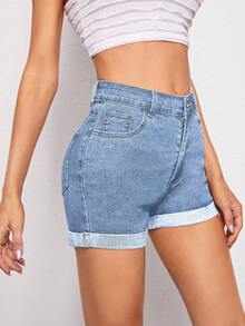 SHEIN ICON 女式蓝色高腰卷边休闲时尚牛仔短裤 - 中等水洗藍 - 查看 4