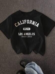 SHEIN T-shirt à col rond manches courtes casual pour garçon préadolescent, adapté pour l'été