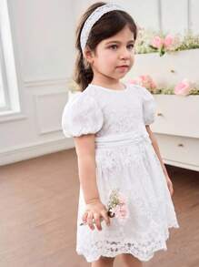 SHEIN Baby Girl Elegant & Cute Summer White Floral Embroidered Mesh Dress - Multicolor - View 3