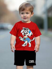 SHEIN Leap Crew 男宝宝休闲简约圆领短袖短裤套装，适合春夏季，含棉 - 彩色 - 查看 2