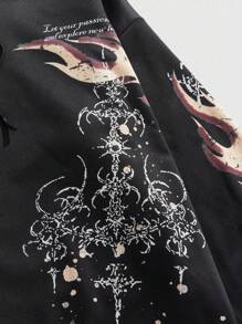 ROMWE MEN Anime Sudadera con capucha con estampado de llamas y eslogan de moda para hombre - Negro - Ver 3