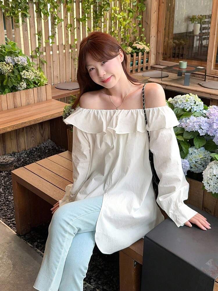 Women's Off Shoulder Ruffle Casual Solid Color Fresh Korean Style Long Sleeve Blouse,Fall Women Clothes