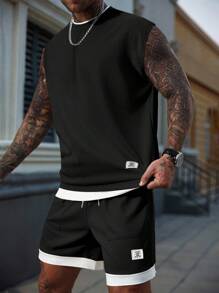 Manfinity Homme Men's Contrast Color Patchwork Round Neck Top And Shorts Casual Set, Holiday - Black - View 3