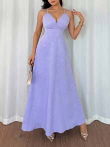 Chiquease 紫色纹理提花面料优雅细肩带露背系带腰部喇叭形长裙，适合春夏女士度假风格 - 紫色 - 查看 5