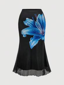 SHEIN MOD 1 套加大码网眼花卉印花不对称领口上衣和网眼鱼尾裙，假日装