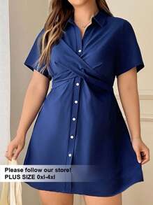 Solflare Plus Size Blue Short Sleeve Shirt Dress - Dusty Blue - View 1