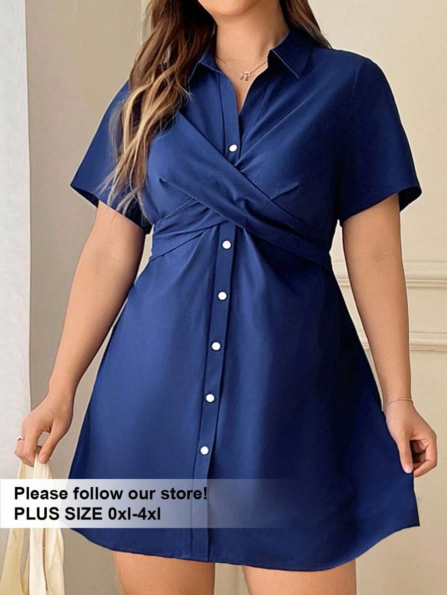 Solflare Plus Size Blue Short Sleeve Shirt Dress - Dusty Blue - View 1