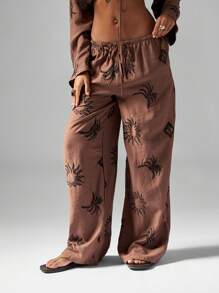 MISSGUIDED 刺绣亚麻质感两件套牛仔女装西部波西米亚风节日太阳和蜘蛛图案系带前短款上衣阔腿裤度假装 - 卡其色 - 查看 6