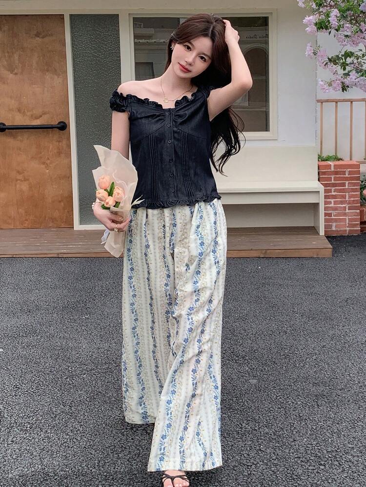 2pcs Women Set: Ruffled Trim Off Shoulder Top & Floral Wide Leg Pants Summer Pants Sets