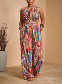 Veslaya 2025 夏季新款西部波西米亚风格休闲日常/度假/邮轮度假海滩日光浴病毒式无袖扭肩短款上衣和阔腿宽松裤套装，加大码 - 彩色 - 查看 1