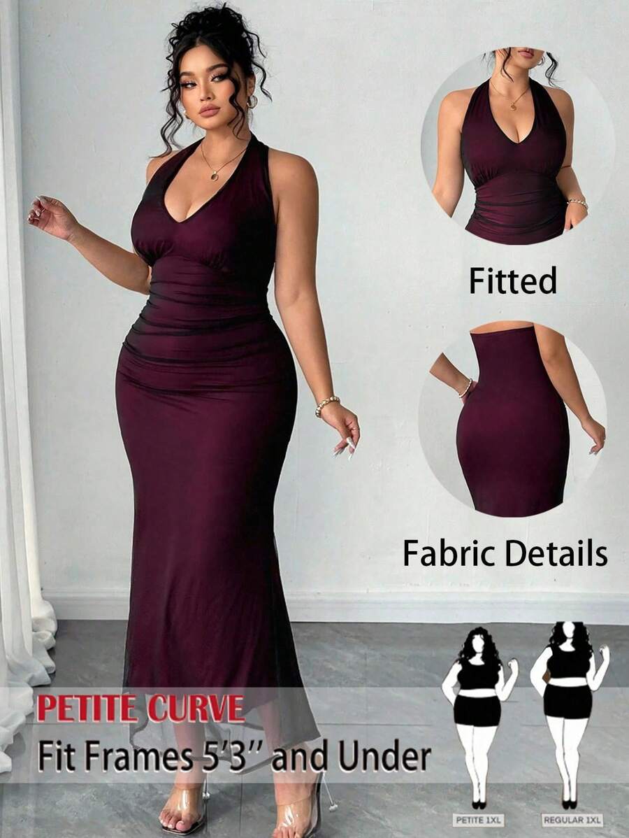 SHEIN PETITE 网眼双层吊带长款修身鱼尾连衣裙，优雅大码和娇小女性，夏季