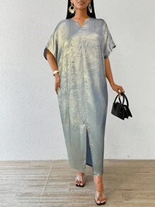 SHEIN Lady 2025 New Holiday Dresses Four Season/Wedding Guest/Church Attire/Prom Dress/Gold Skirt/Dinner Outfit/Gold Women's Satin Jacquard Front Slit Dress, Casual Party Elegant - Gray Blue - View 5