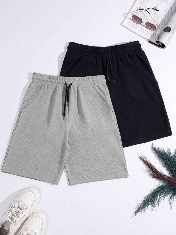 RueChic Pantaloni scurți simpli pentru bărbați, din material tip waffle, 100% bumbac, set de 2 bucăți