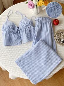 Comfortcana 女士两件套编织条纹休闲度假套装，春夏款 - 藍白色 - 查看 1