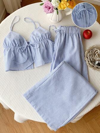 Comfortcana 女士两件套编织条纹休闲度假套装，春夏款