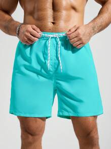Manfinity KASUA Men's Solid Color Pocket Drawstring Waist Beach Shorts, Suitable For Summer Teal Swim Trunks Men Swim Trunks Drawstring, Holiday - Mint Blue - View 3
