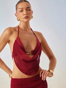 Hauture Women's Sexy Summer Vacay Night Out Net Sequin Front Cowl Dark Red Top - Burgundy - View 2