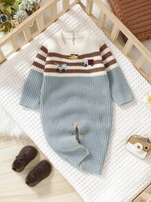 SHEIN Infant & Toddler Car Embroidered Jumpsuit, Striped Patchwork Design Baby Boy Cute Long Sleeve Romper Baby Boy Romper Newborn Boy Clothes Infant Sweater Romper Knitted Baby Romper Winter Baby Jumpsuit Baby Boy Jumpsuit Knitted Romper Winter Baby Clothes Newborn Boy Winter Clothes Infant Sweater Jumpsuit Baby Boy Knit Romper Warm Baby Boy Romper Baby Boy Jumper Baby Boy Romper Outfit Winter Baby Boy Clothes Newborn Boy Jumpsuit Fall - Blue - View 5