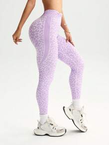 Dewbera 1 件郁金香印花 V 字背豹纹紧身裤，适合跑步、运动、瑜伽和健身 - 淡紫色 - 查看 7