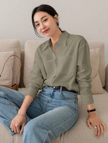 DAZY 女士纯色单排扣口袋长袖宽松休闲衬衫，秋季女装 - 卡其色 - 查看 2