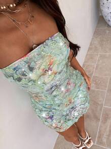 Aloruh 女士优雅性感迷你不对称连衣裙 Y2K 年轻女孩音乐节音乐会生日派对返校节连衣裙婚礼宾客连衣裙约会夜服装女士亮片拼接全印花时尚抹胸绿色短裙 - 綠色 - 查看 4