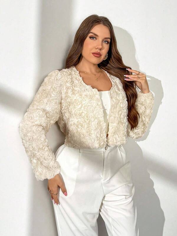 Firerie Jaqueta feminina plus size primavera/outono, elegante, minimalista, romântica, sofisticada, para encontros noturnos/casual/deslocamento/viagem, com textura de rosa 3D, curta, manga comprida, fina