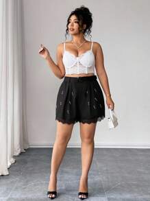 Elenzga Damen Große Größen Shorts mit Perlen Dekor und Spitzenbesatz - Schwarz - Übersicht 7