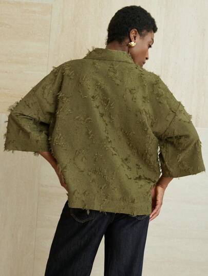 Aveloria Modichic Olive Green 3/4 Sleeve Casual Shirt, Relaxed Fit, Classic Collar, Comfortable To Wear